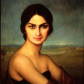 Retrato de una mujer andaluza morena, mirando de frente mientras su cuerpo está girado a la derecha. Tiene los hombros descubiertos, vestida con un vestido negro escotado y con los brazos cubiertos por lo que parece unos guantes granates. El fondo es un paisaje lejano